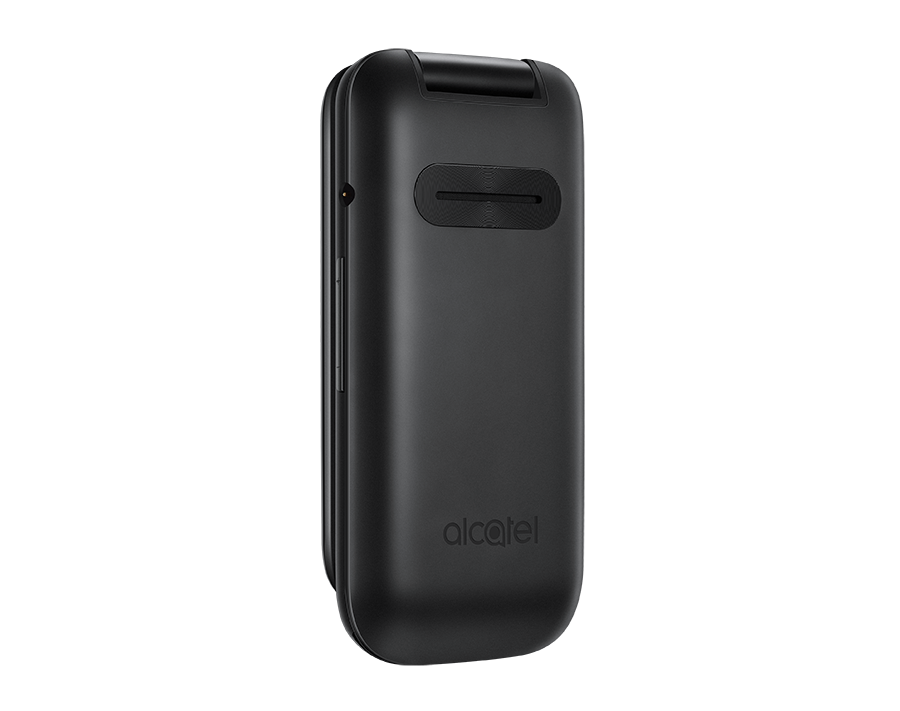 Küçük ekranlı ve 'alcatel' markalı siyah bir kapaklı telefon.