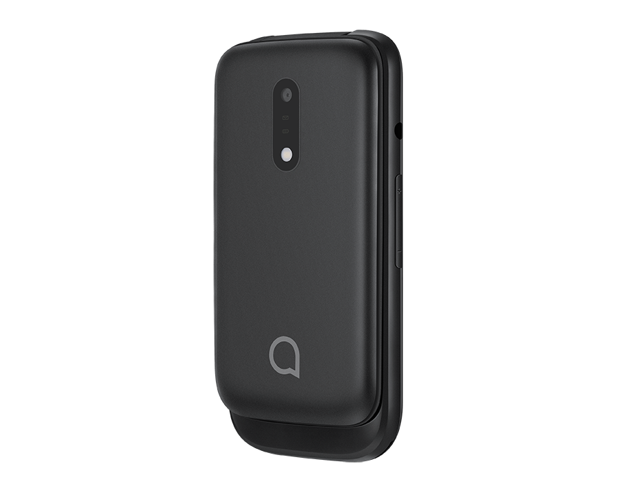 Siyah bir arka plan üzerinde kapalı bir siyah katlanır telefon. Telefondan bir kamera ve bir logo.