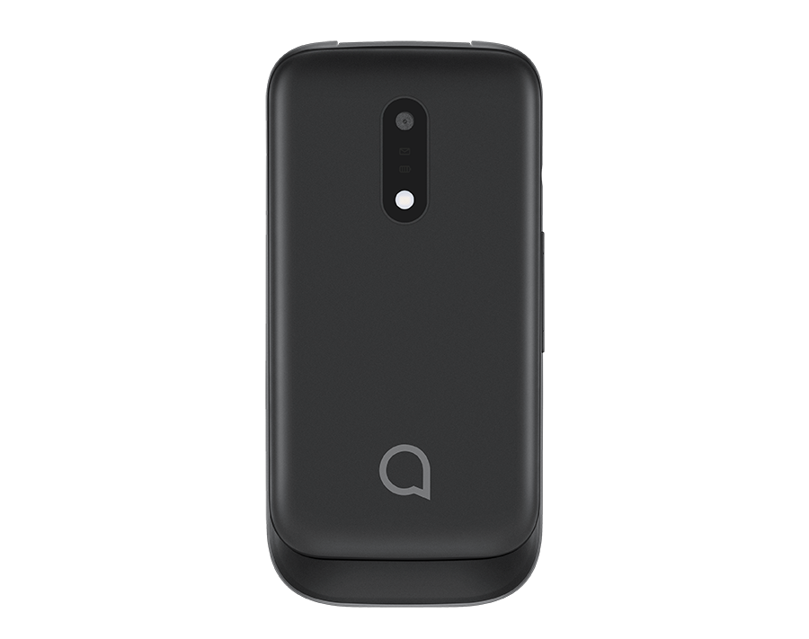 Siyah Alcatel telefon, arka görünüm, kamera ve Alcatel logosu ile.