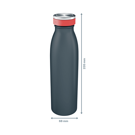 Sötétkék palack piros kupakkal. A méretek 235 mm magasak és 68 mm szélesek. A háttér fehér.