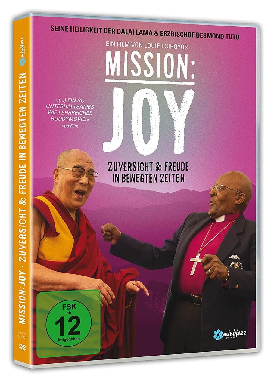 Filmcover mit Dalai Lama und Desmond Tutu. Der Titel lautet 'MISSION: JOY'.