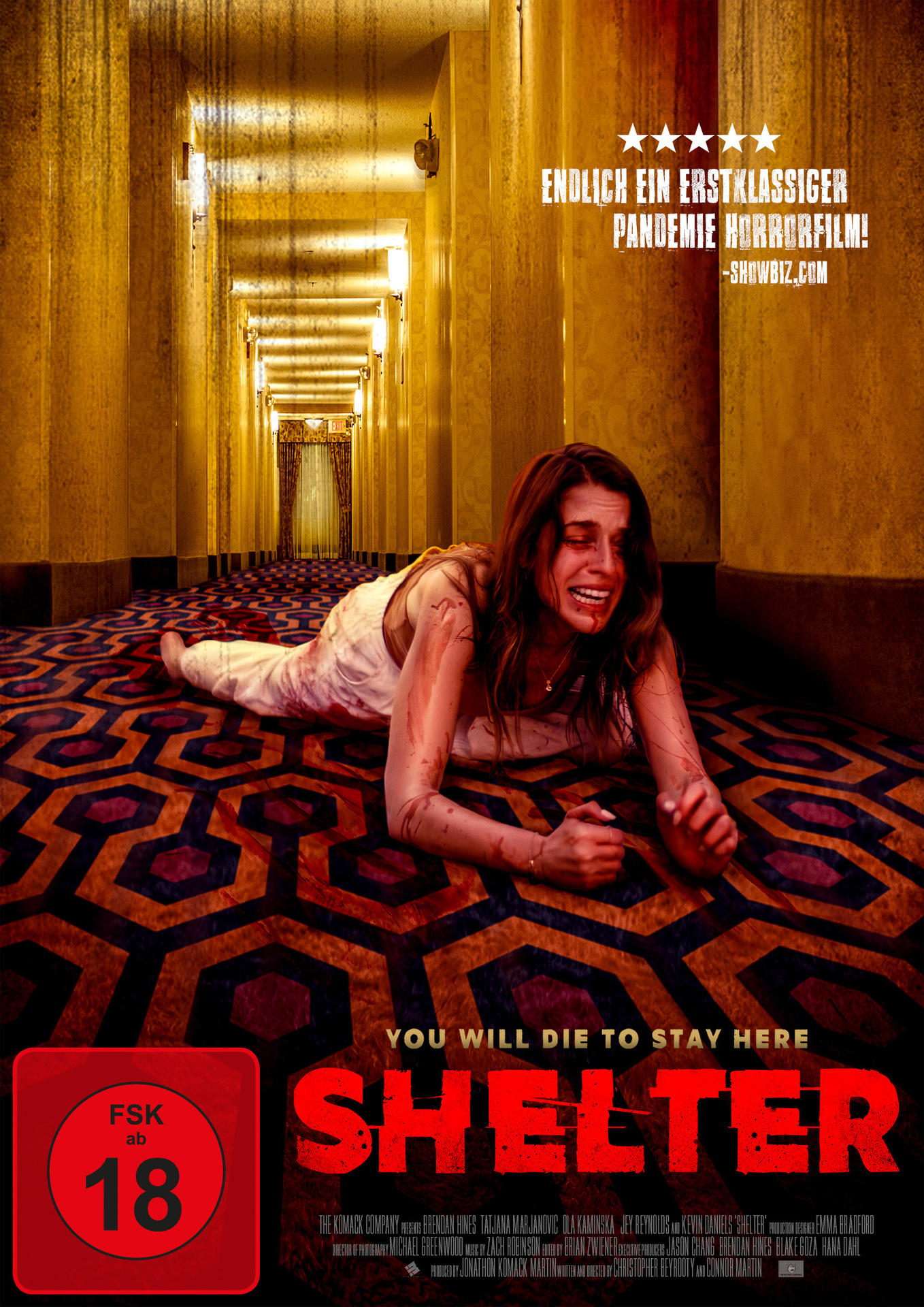 Filmposter für 'Shelter' mit blutiger Frau am Boden in einem Flur. Rotes und goldenes Thema.