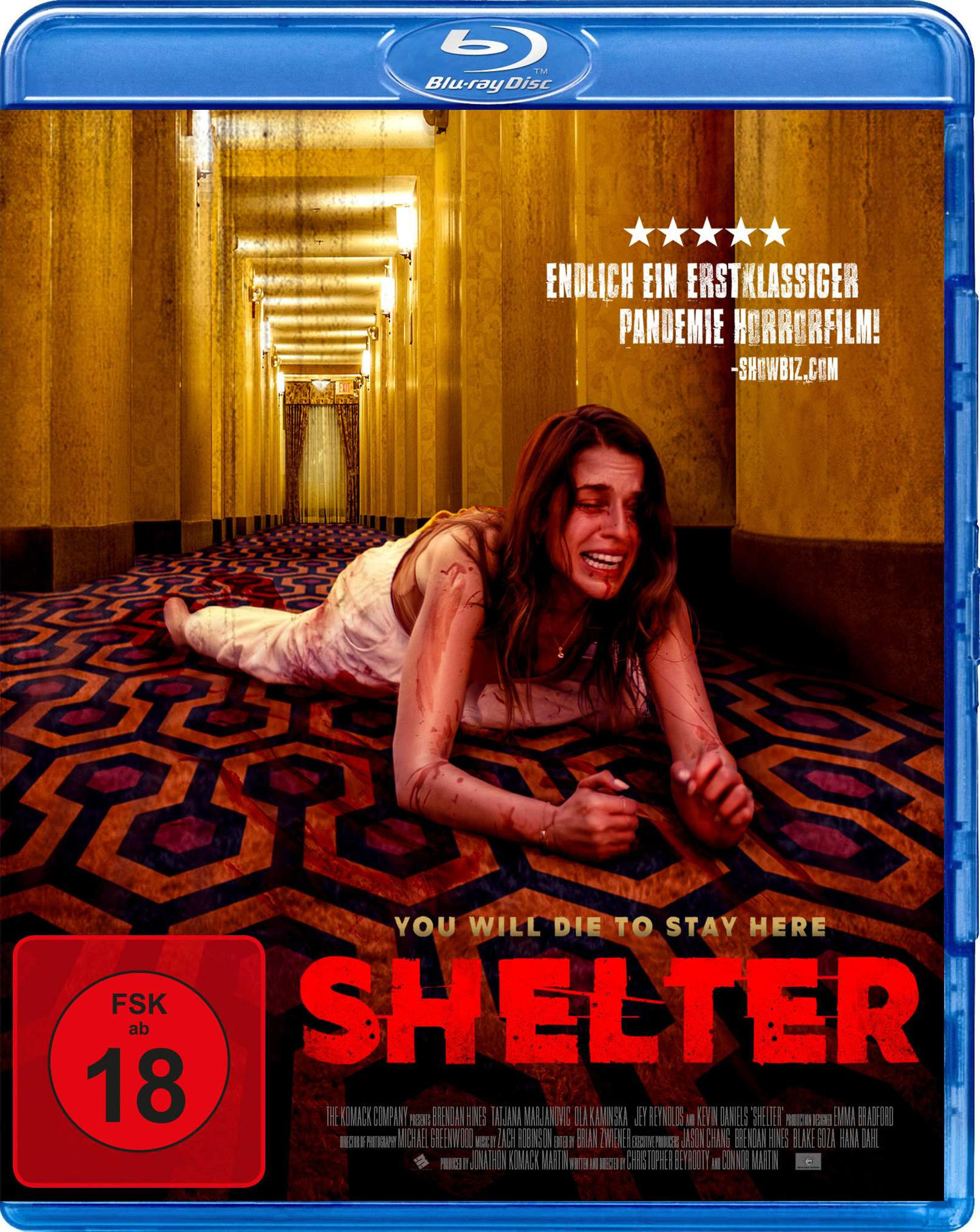 Filmposter für "Shelter". Eine Frau liegt auf gemustertem Boden, sieht verängstigt aus. Blut auf Kleidung.