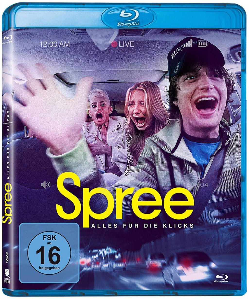 Filmcover von "Spree" mit Schauspielern in einem Auto, ein Rating-Label ist sichtbar.