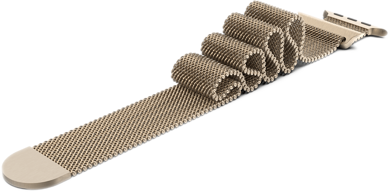 Beige metalen mesh horlogeband, opgevouwen. Het metaal heeft een getextureerde, geweven uitstraling.