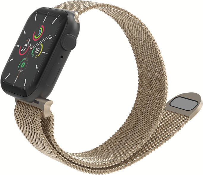 Apple Watch met een gouden mesh band, met tijd en kleurrijke app-iconen.
