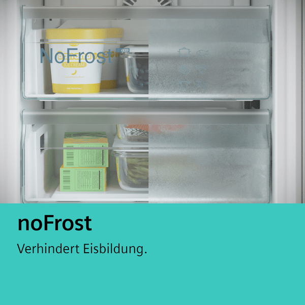 Kühlschrankinnenraum mit Lebensmitteln und 'noFrost'-Text, verhindert Eisbildung.
