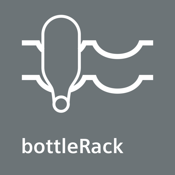 Weißes Flaschenregal-Symbol auf grauem Hintergrund. Der Text "bottleRack" steht unter dem Symbol.