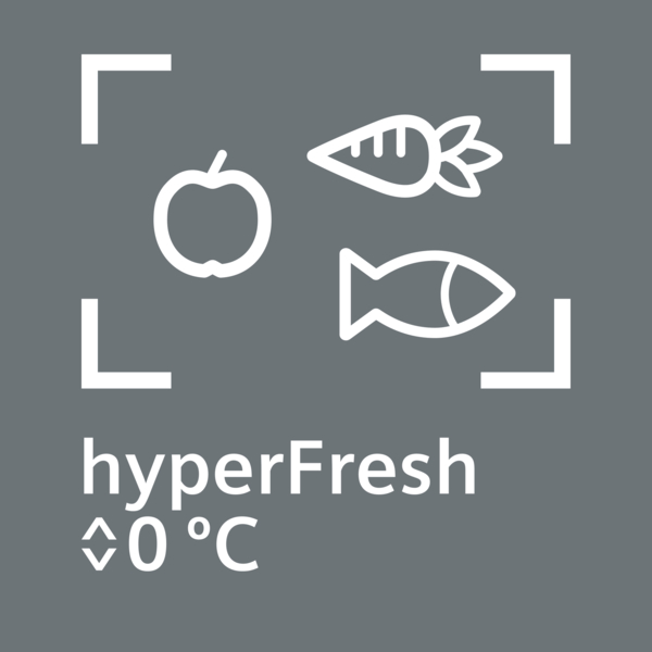 Ein Symbol mit Apfel, Karotte und Fisch in einem quadratischen Rahmen, mit Text.