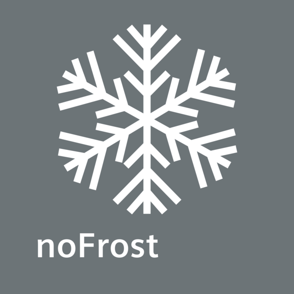 Eine weiße Schneeflocke auf grauem Hintergrund mit den Worten noFrost darunter.