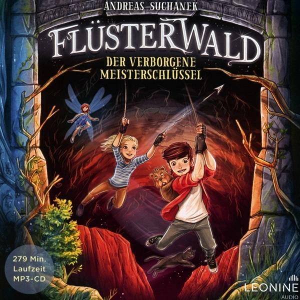 Buchcover mit Illustration eines Jungen und eines Mädchens, die an Seilen schwingen. Text: FLÜSTERWALD.