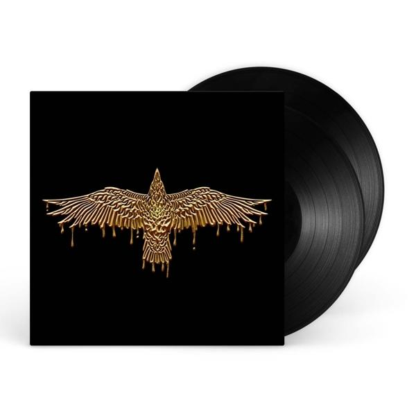 Ein schwarzes Vinyl-Schallplattenalbum mit goldenem Vogeldesign auf schwarzem Hintergrund.