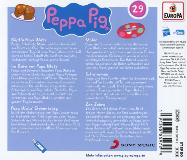 Rückseite einer Peppa Wutz DVD-Hülle. Text und Illustrationen über Peppa Wutz. Ein Kuchen oben links.