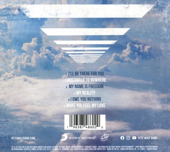 Rückseite einer CD mit Titelliste und Bandinfo. Weißer Text auf blauem Hintergrund. Sony Music Logo vorhanden.
