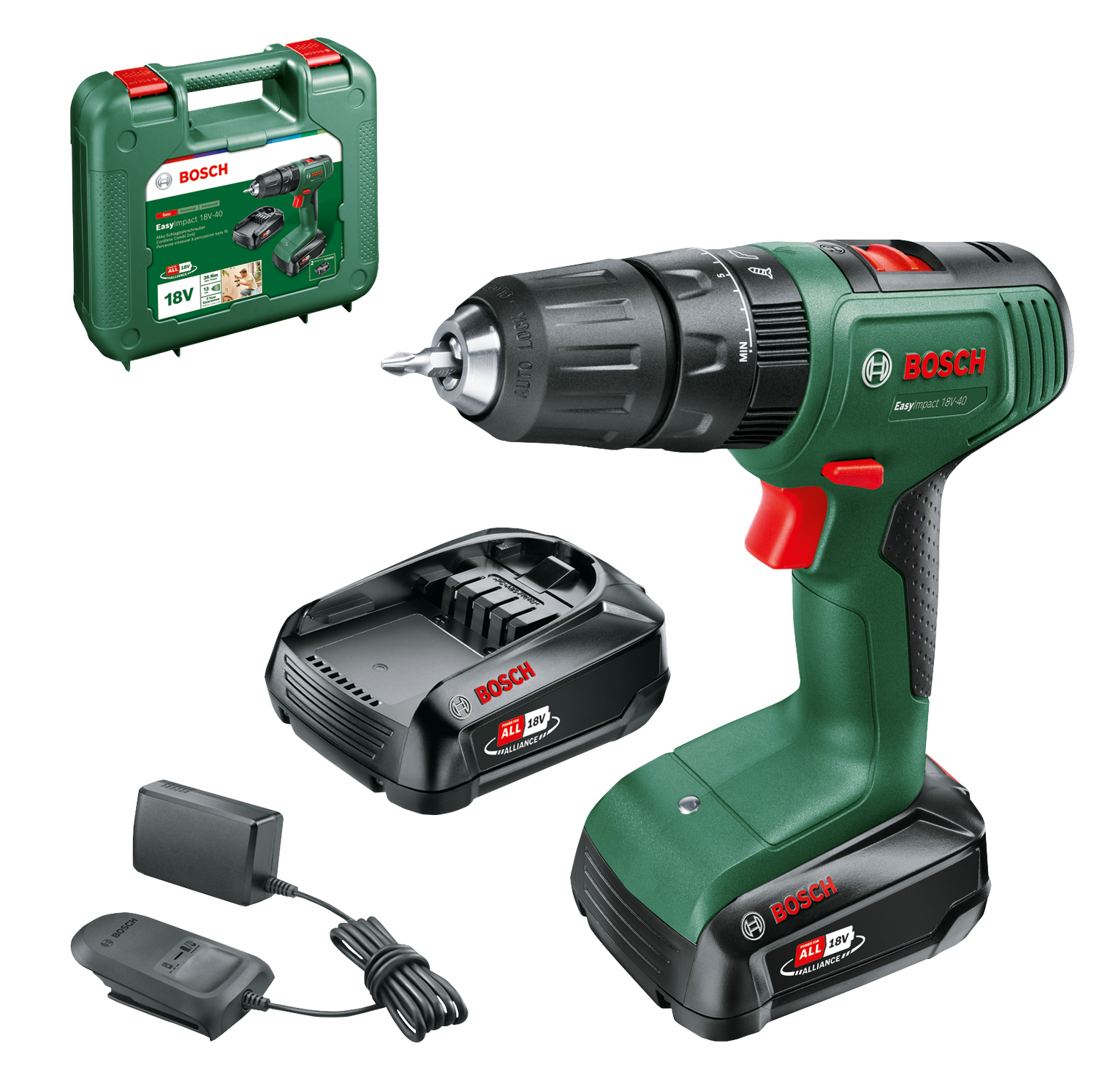 BOSCH EasyImpact 40 Akkumulátoros kétfokozatú ütvefúró-csavarozógép, 18V, akkuval és töltővel (2x1,5 Ah) (06039D8102)