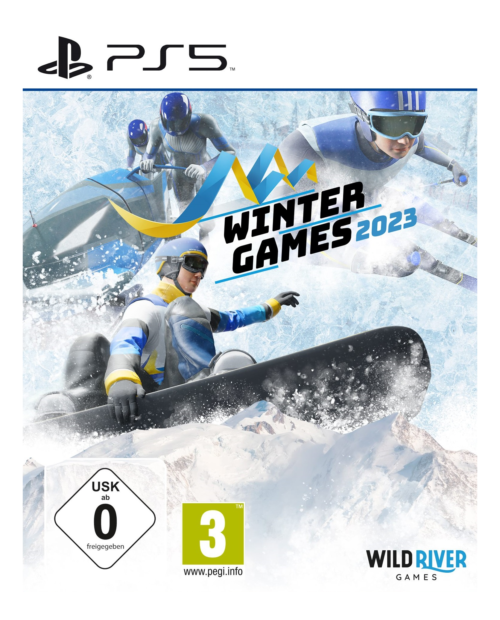 Couverture du jeu Winter Games 2023 PS5. Snowboarder, motoneige et skieurs en arrière-plan.