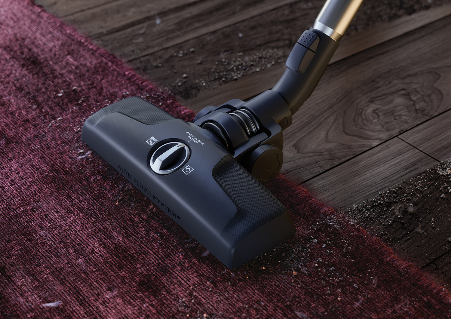 Vacuum cleaner head on a red rug.  Dirt and debris are visible on the rug.