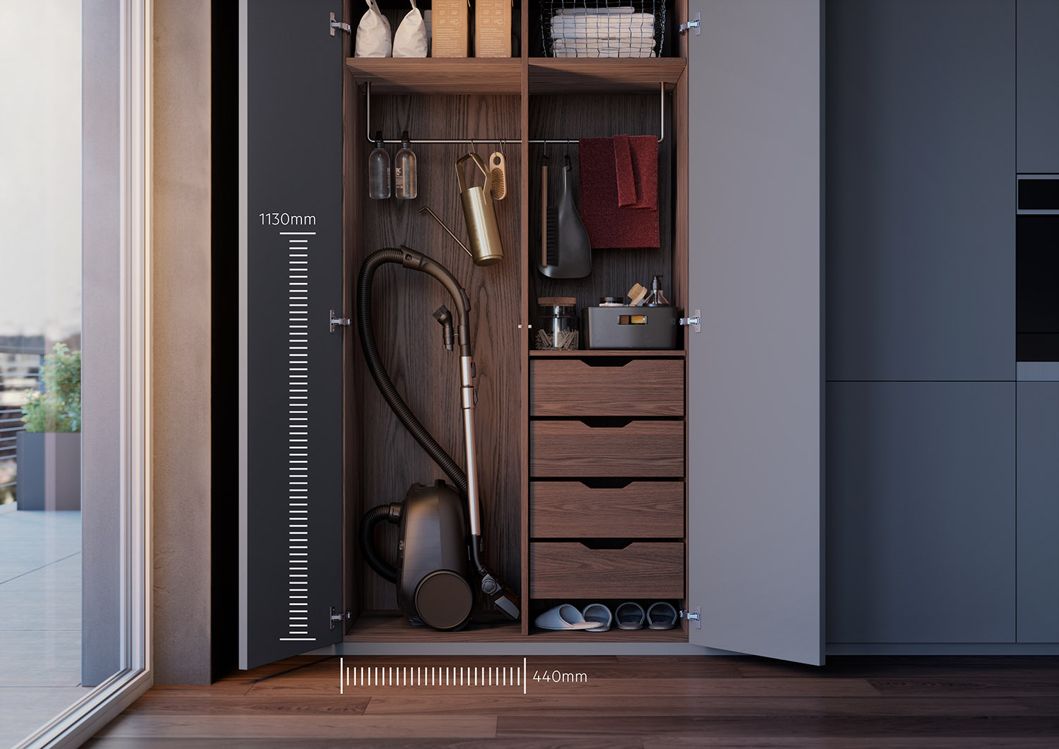 Open wooden closet with vacuum cleaner, clothes, drawers, and various items, with measurements.