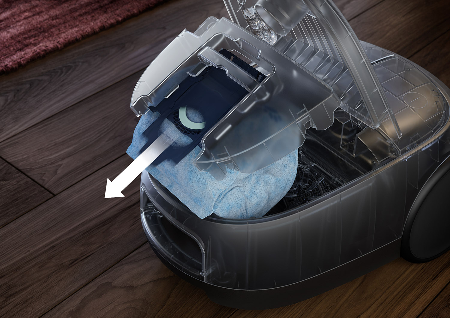 Vacuum cleaner with transparent top, showing bag being extracted by an arrow.