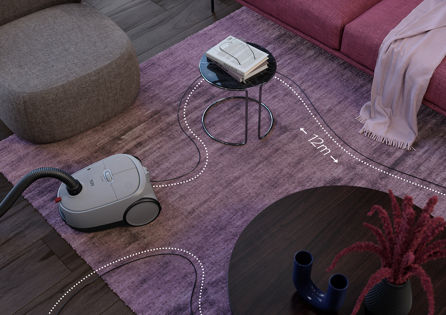 Vacuum cleaner on a purple rug, with a table, sofa, and text indicating 12m.