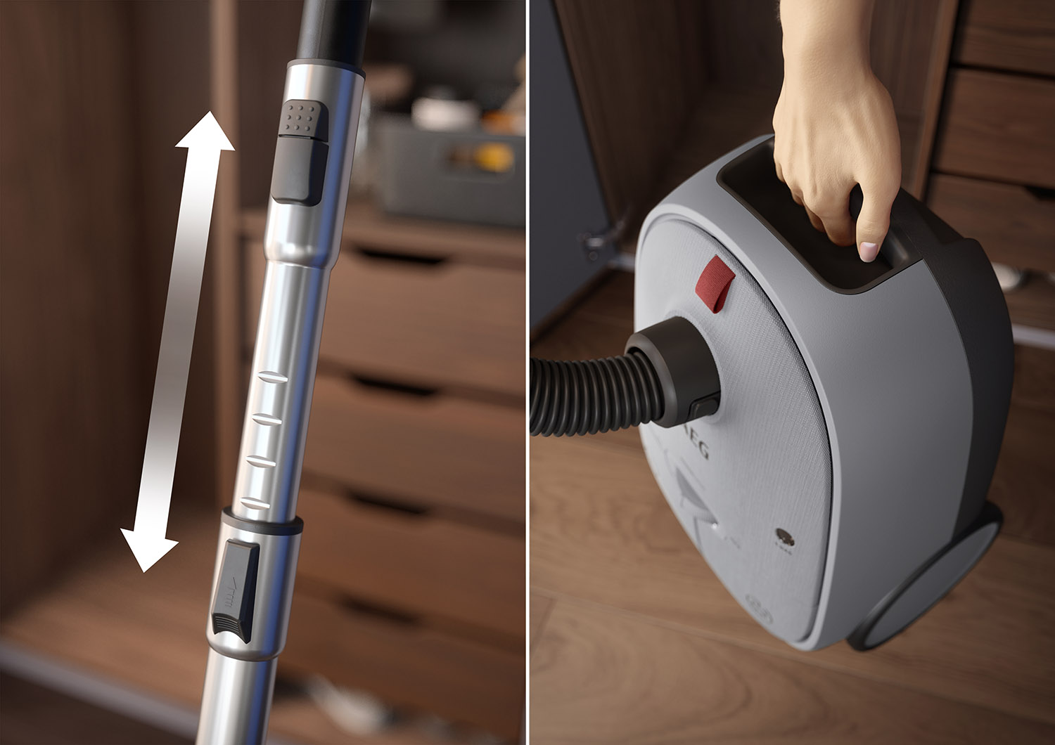 Vacuum cleaner with extending metal tube and a person holding the body.