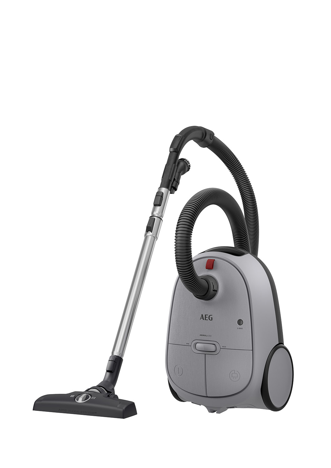 An AEG vacuum cleaner with a gray body and a black hose and attachments on white background.