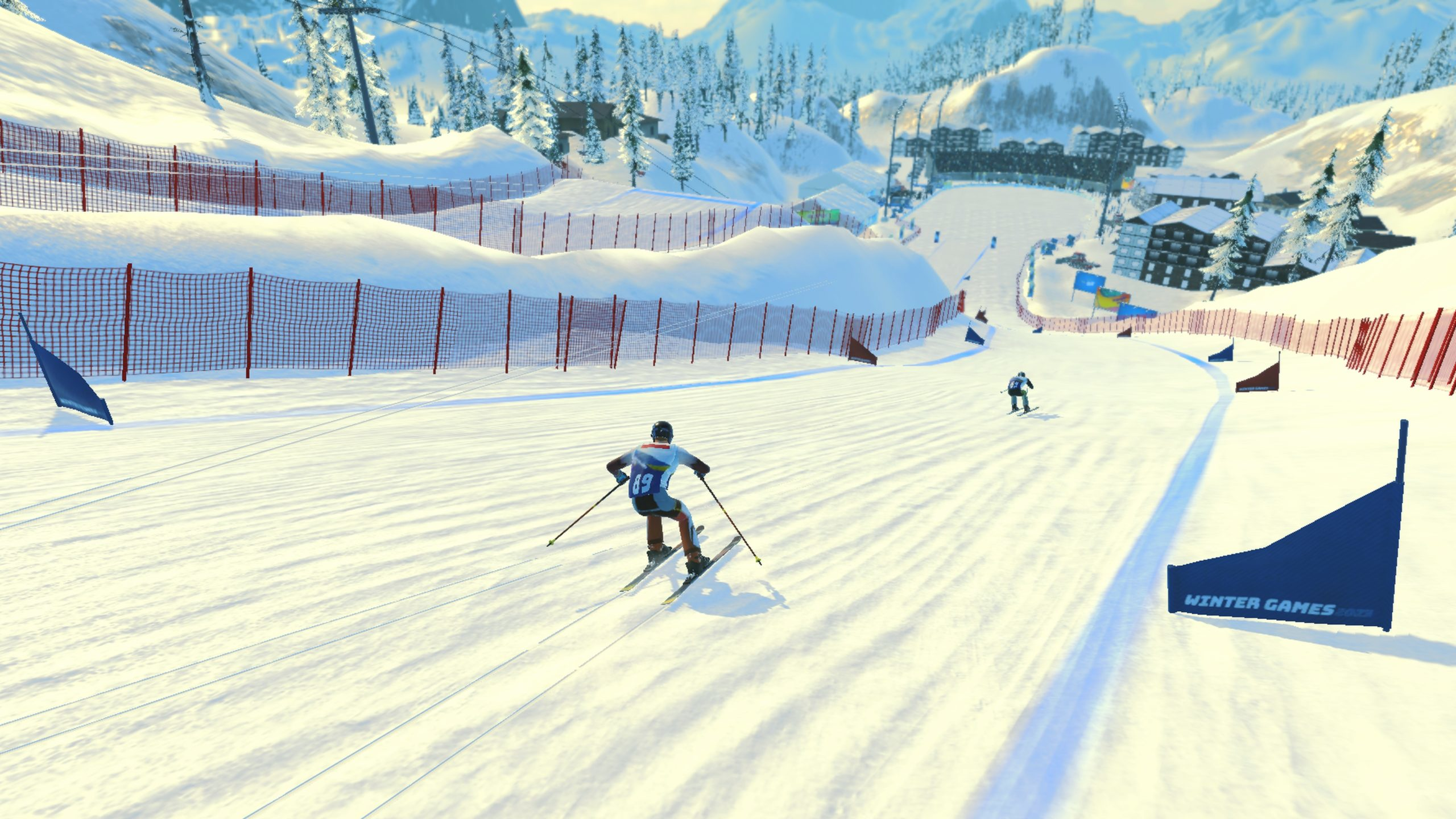 Sciatori su una pista innevata, con bandiere e un cartello 'Winter Games'.