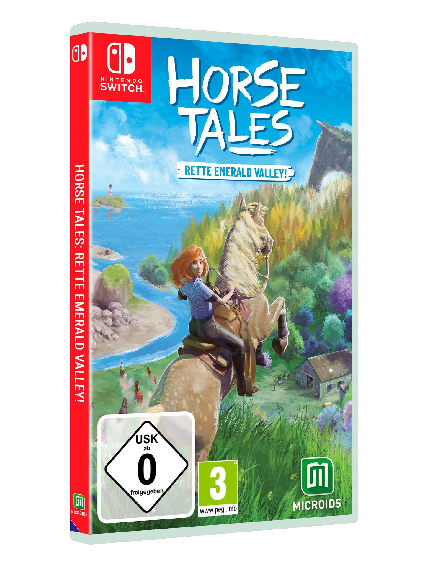 Spielbox: Horse Tales, eine Frau auf einem Pferd, grüner und blauer Hintergrund.