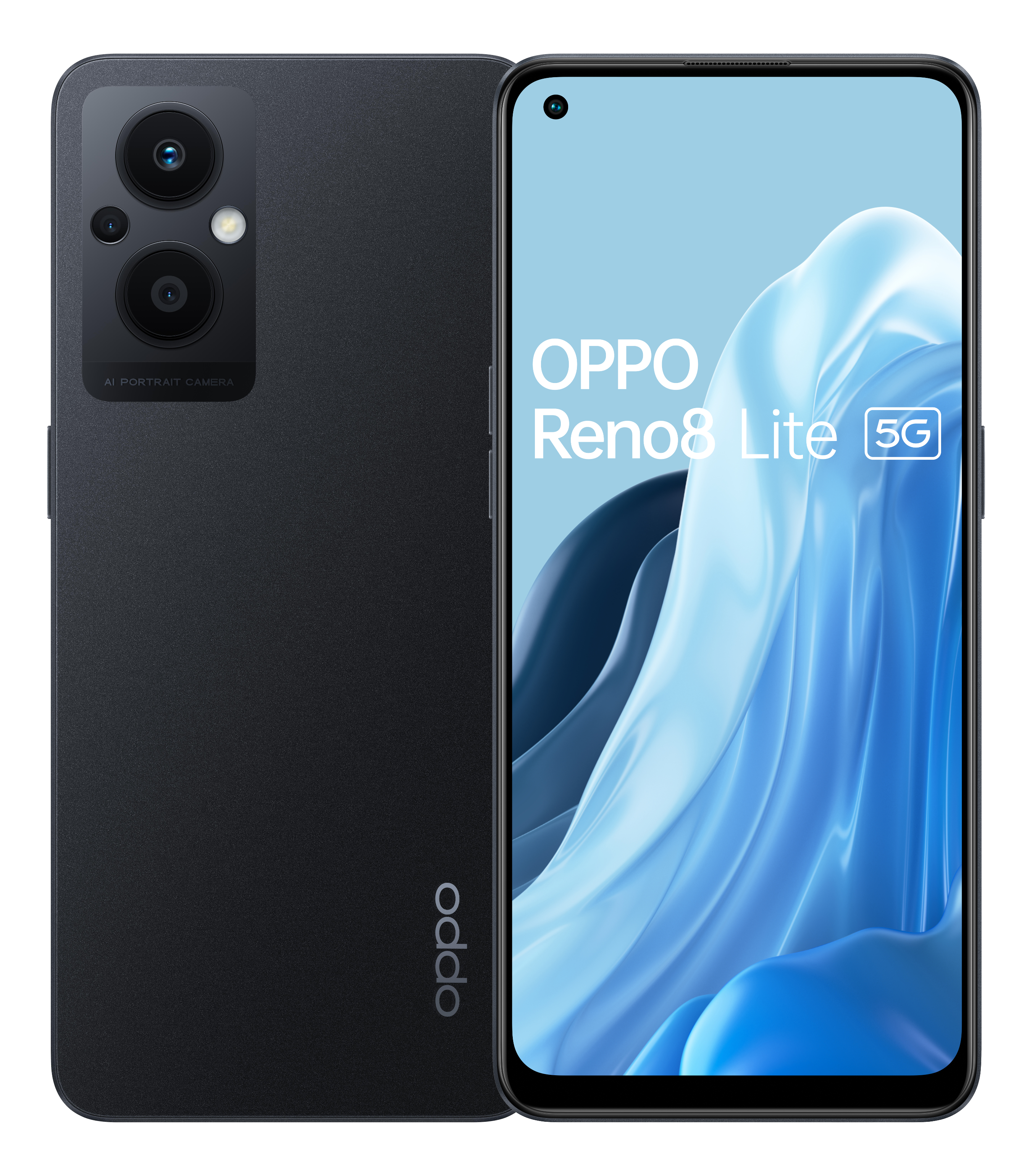 Telefono nero Oppo Reno8 Lite 5G, due fotocamere posteriori, schermo anteriore mostra logo Oppo e immagine blu.