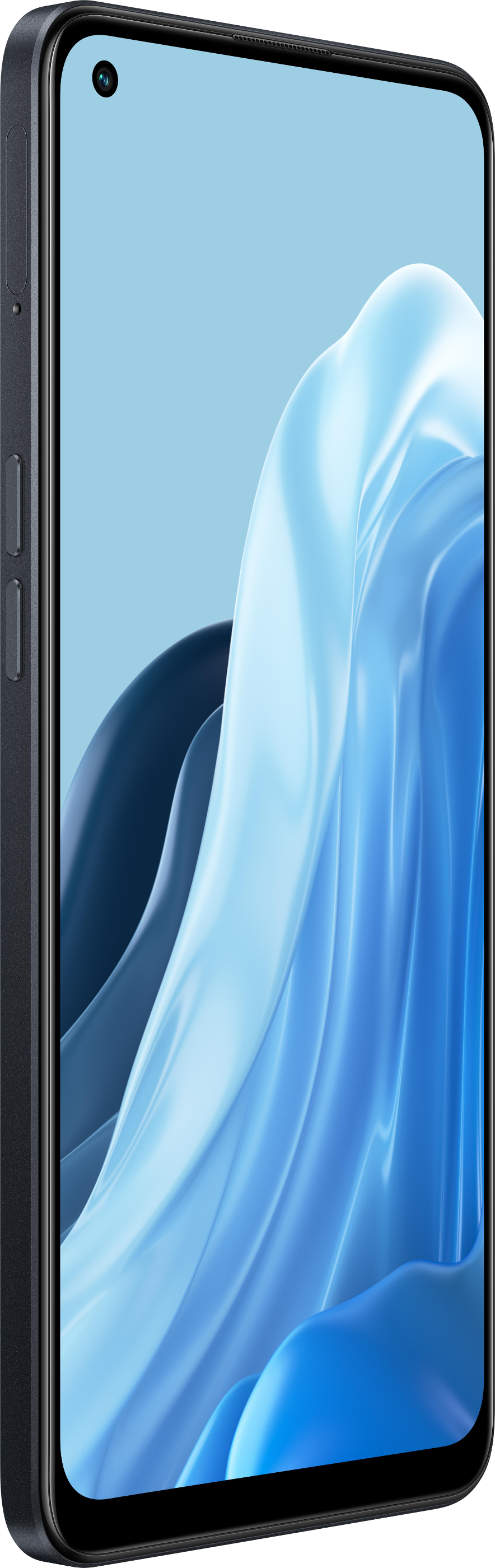 Un primo piano di uno smartphone nero con schermo azzurro, che mostra la vista laterale.