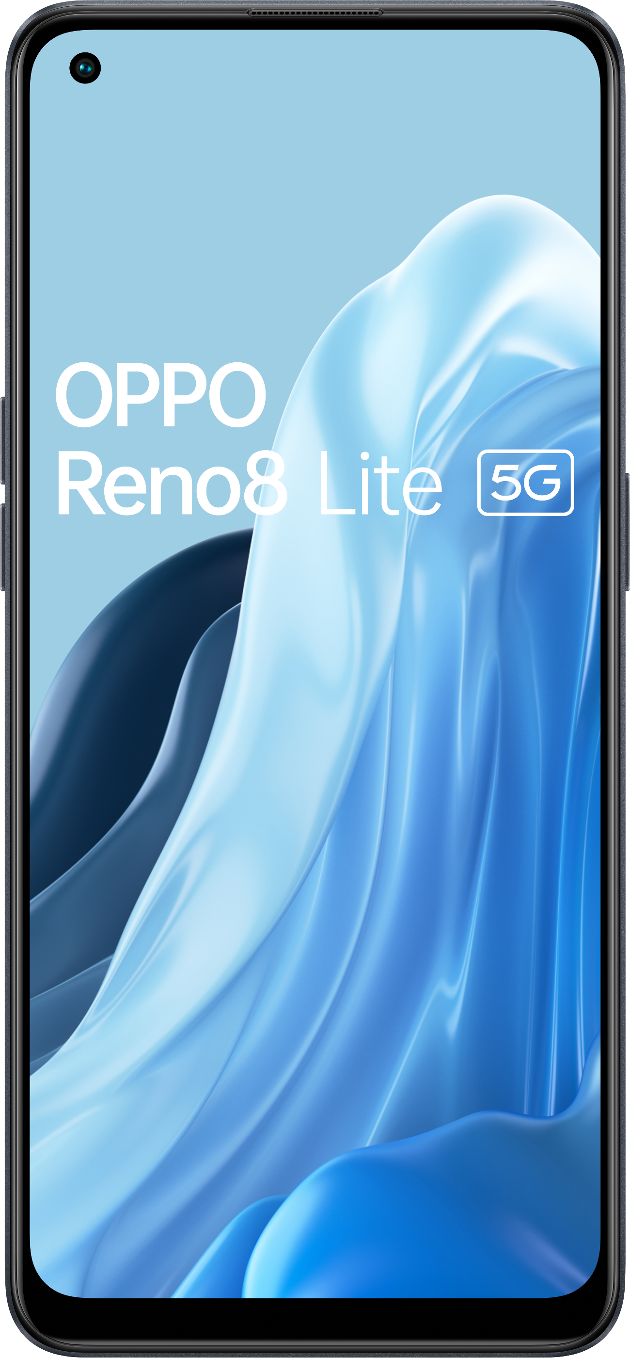 Uno smartphone Oppo Reno8 Lite 5G nero, mostrato frontalmente con uno sfondo blu.