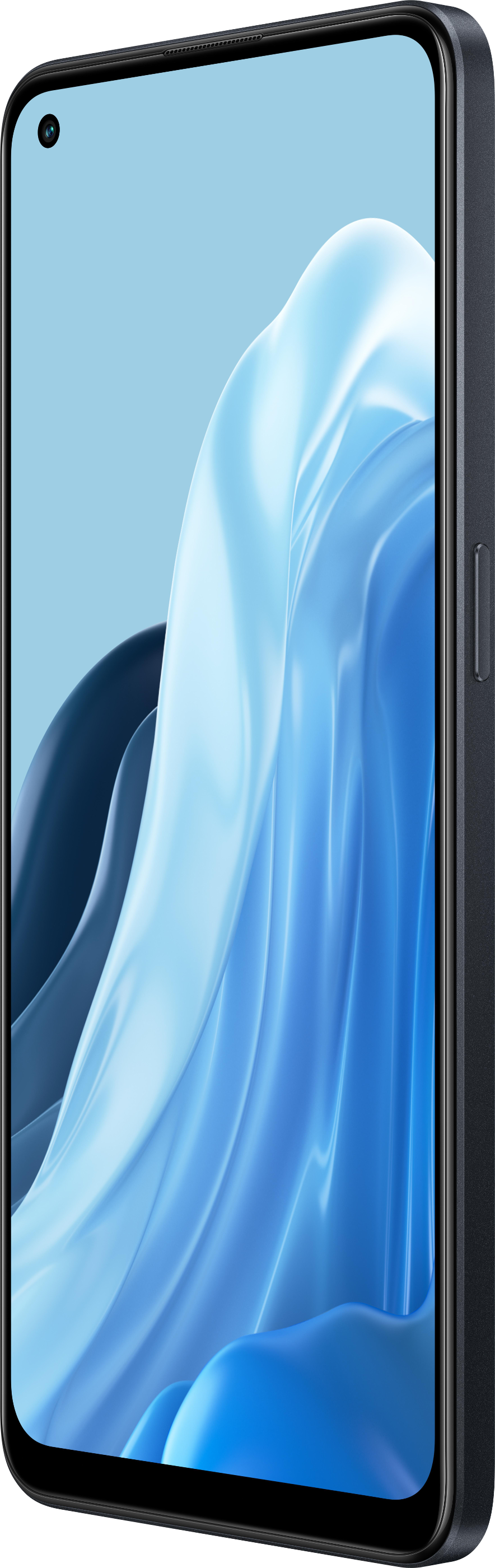 Uno smartphone blu scuro con un design astratto liscio e fluido sullo schermo. Vista laterale.