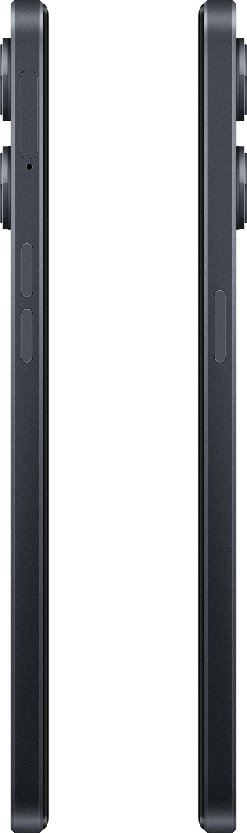 Due viste laterali di uno smartphone nero, che mostrano pulsanti e dettagli della fotocamera.