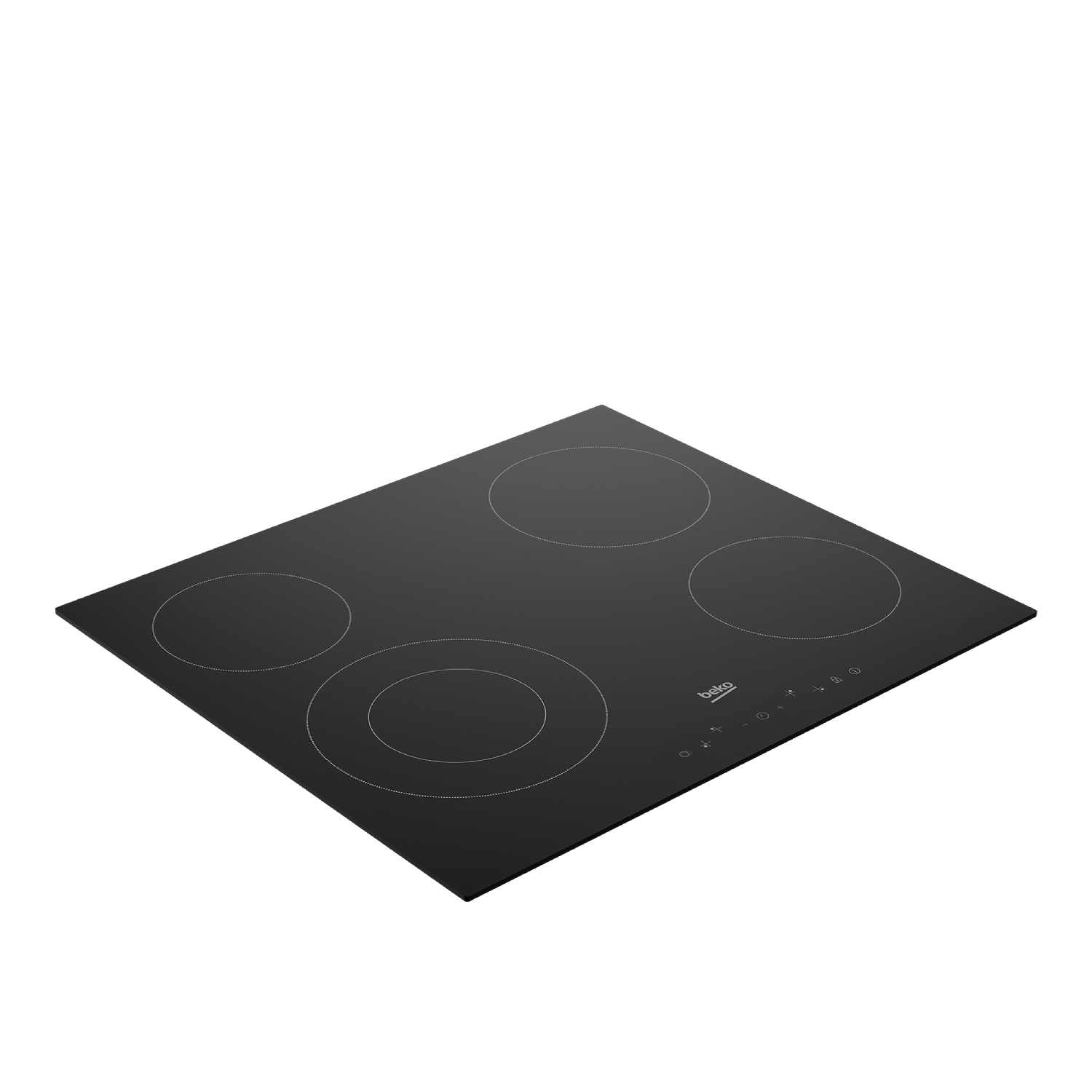 Una placa de inducción Beko negra con cuatro zonas de cocción circulares. Sobre superficie negra.