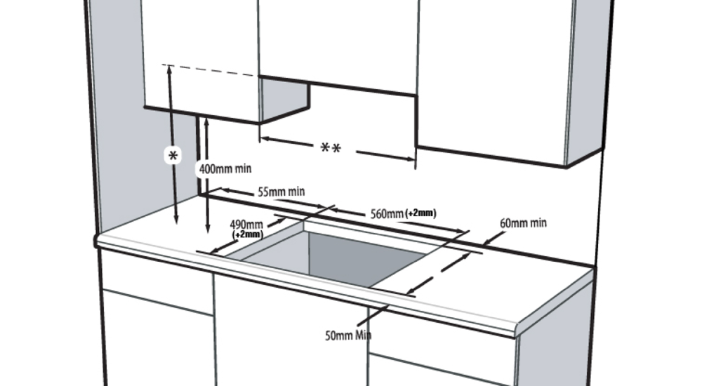 Diagrama de instalación de gabinetes de cocina con medidas.