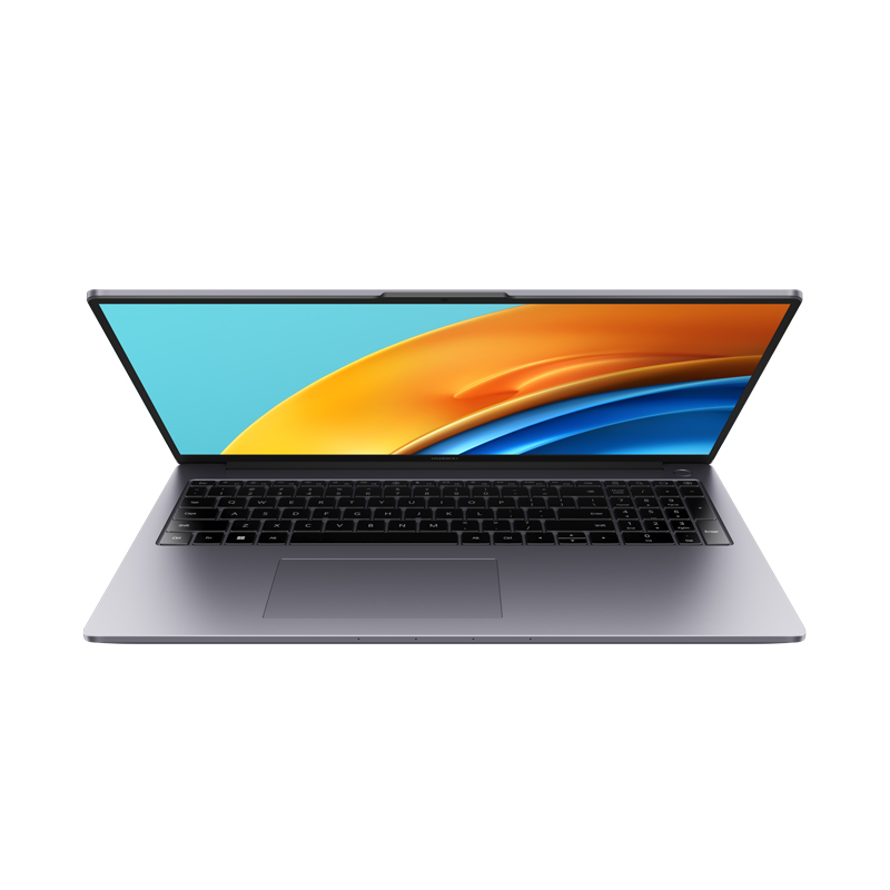 Gümüş dizüstü bilgisayar açık, ekran renkli görüntü gösteriyor. Klavye görünüyor. Beyaz arka plan.