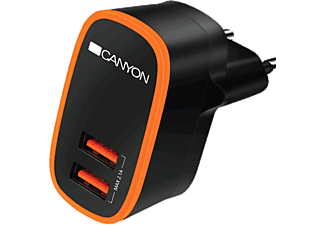 CANYON H-02 hálózati adapter, 2x USB port, 5V, 2,4A, fekete-narancs (CNE-CHA02B)