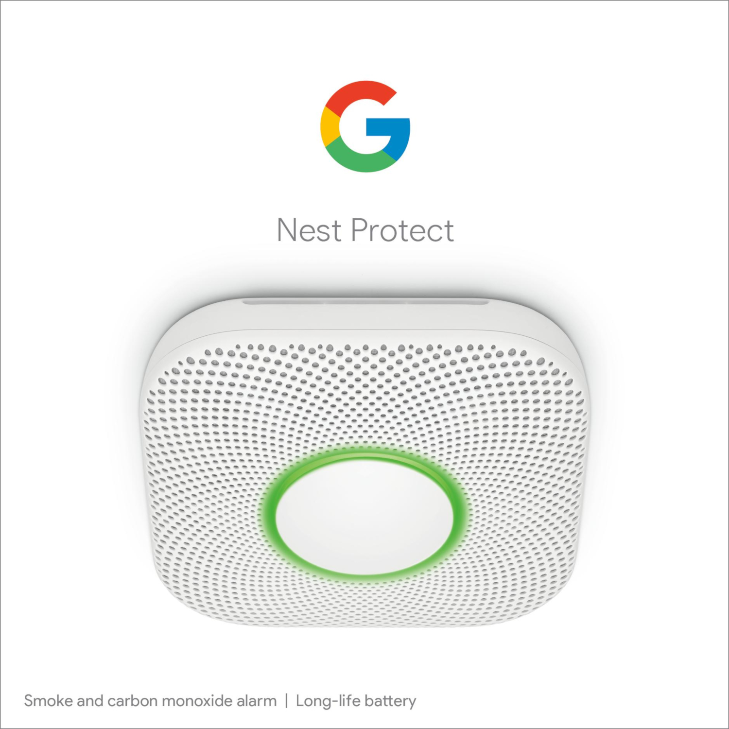 Détecteur de fumée Nest Protect blanc, logo Google en haut.