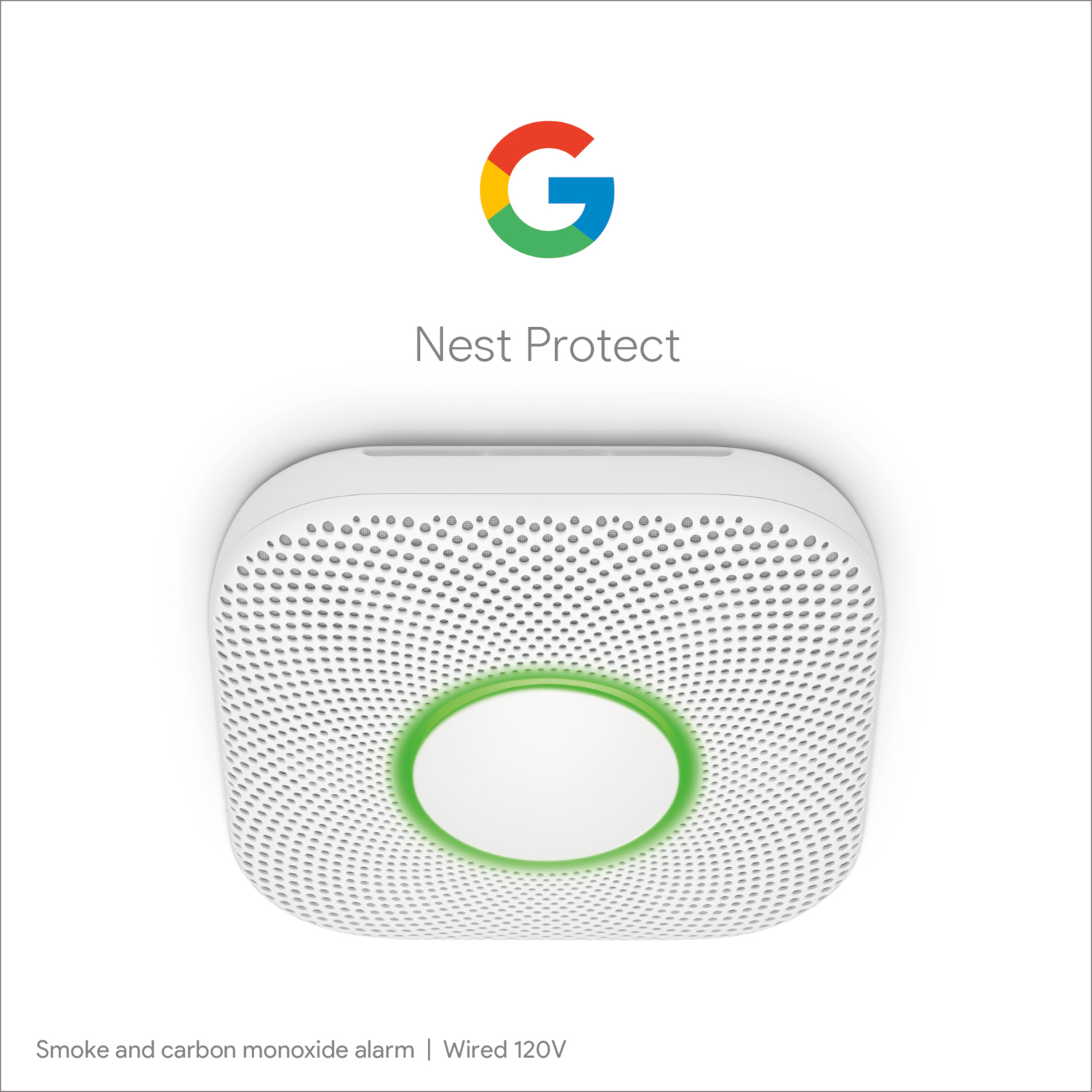 Nest Protect rookmelder met het Google logo, een witte behuizing en een groen licht.