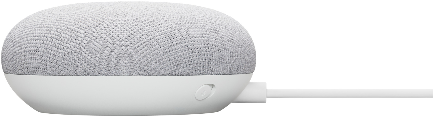 Petit haut-parleur intelligent Google Nest Mini gris sur fond blanc.