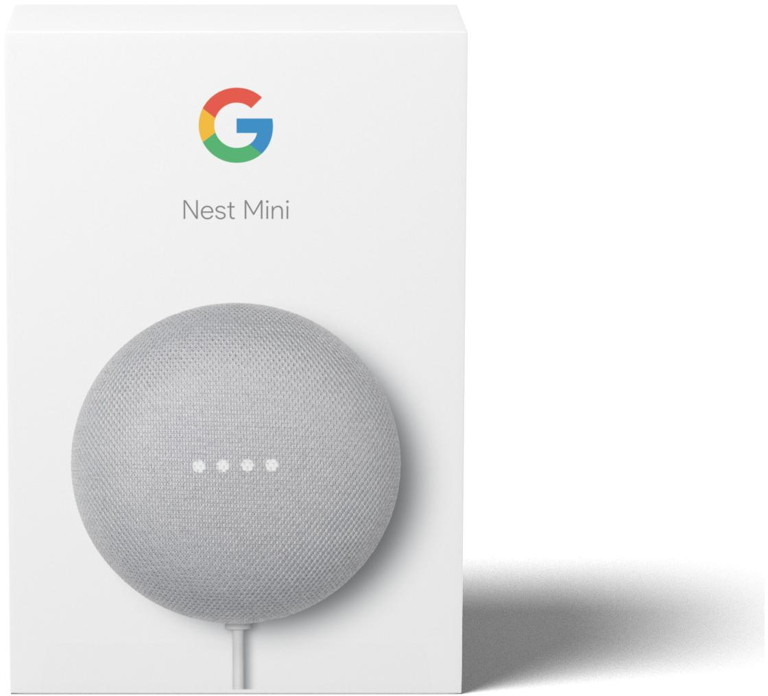 Boîte blanche avec un haut-parleur gris et le logo Google Nest Mini. Fond blanc.