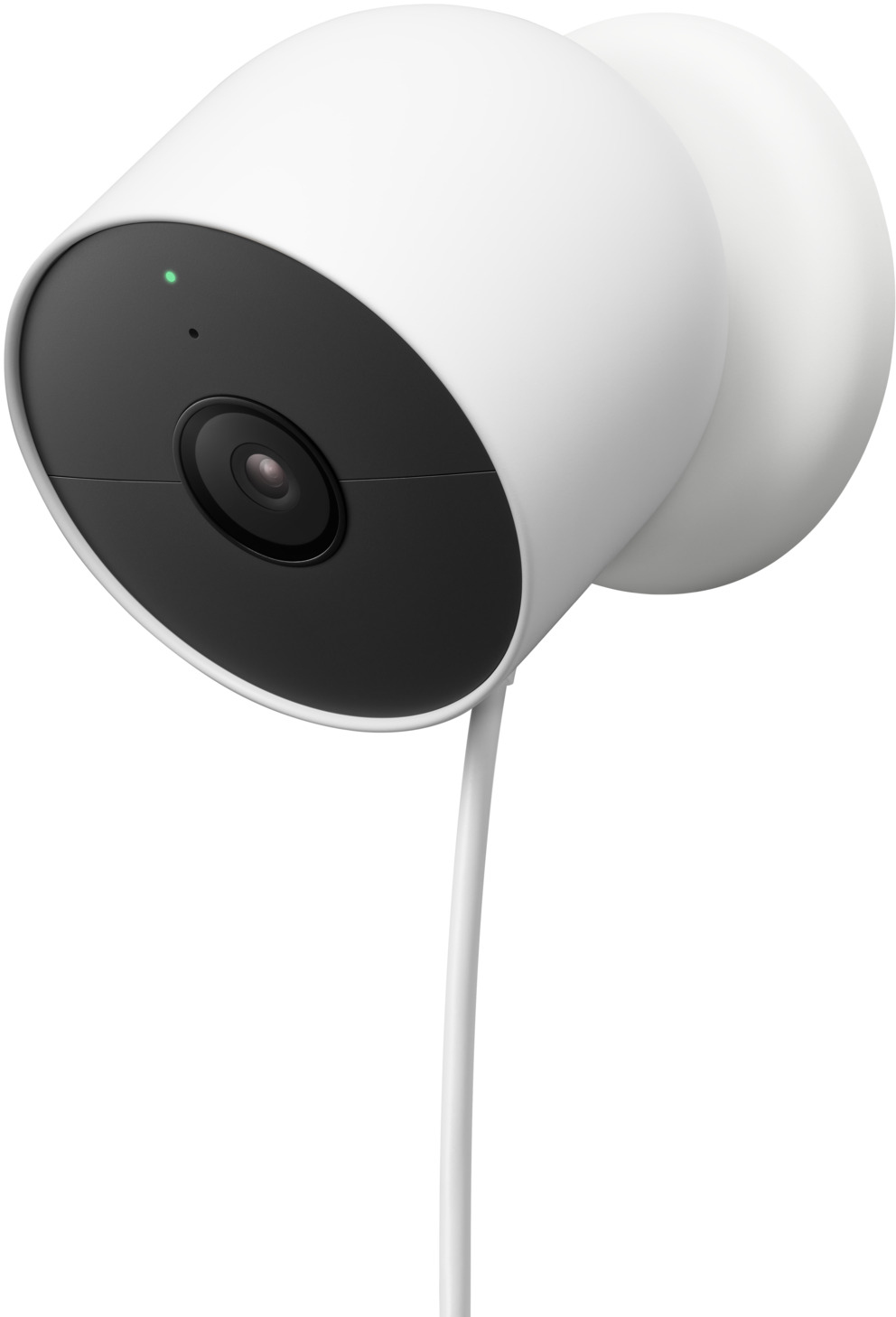 Une caméra de sécurité Google Nest Cam blanche avec un objectif noir et une lumière verte.
