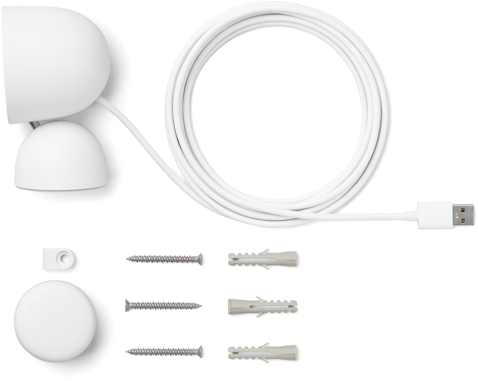 Caméra Google Nest blanche avec matériel de montage, câble et accessoires, vue à plat.