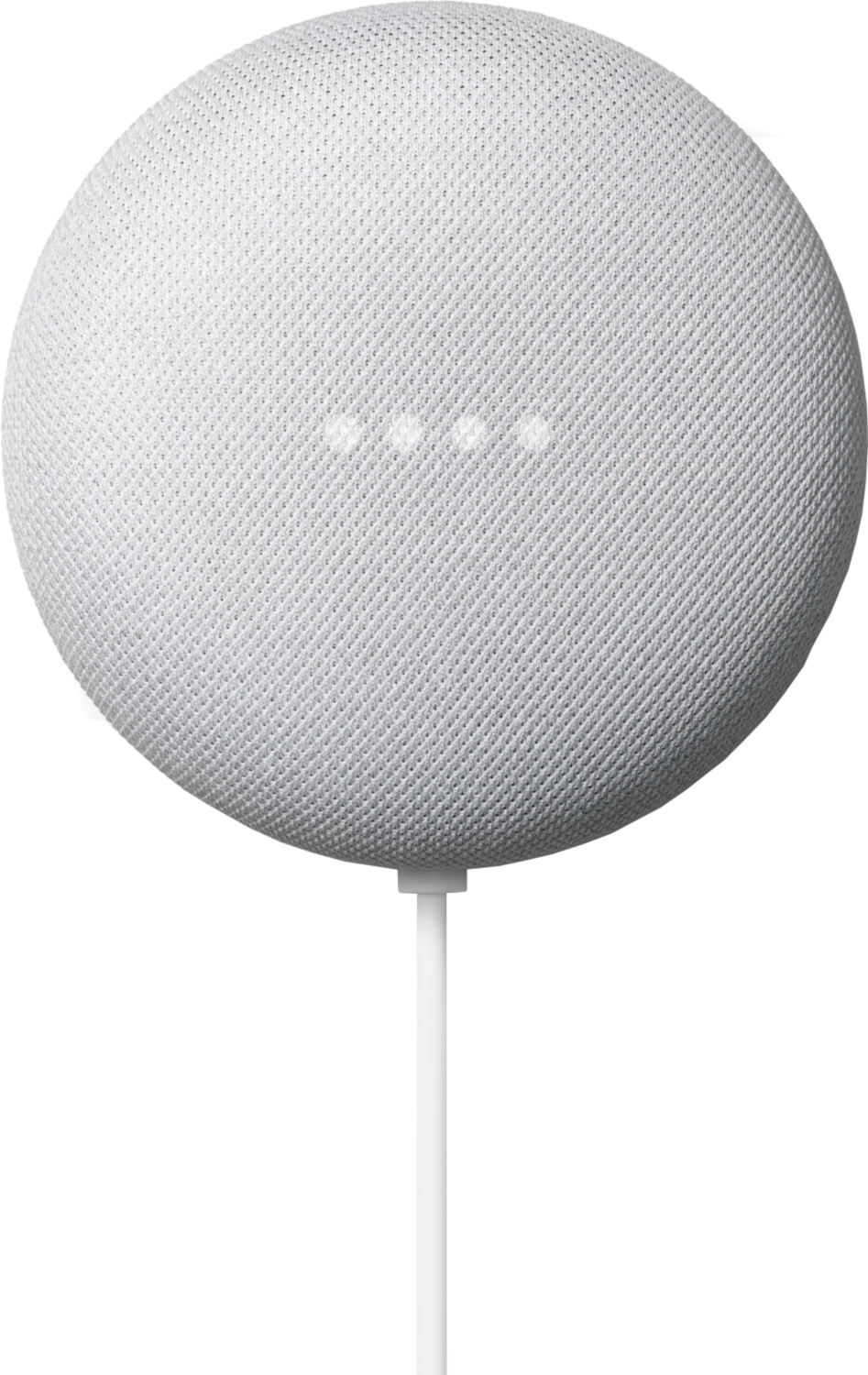Un haut-parleur Google Nest Mini blanc avec un câble blanc et un fond noir.