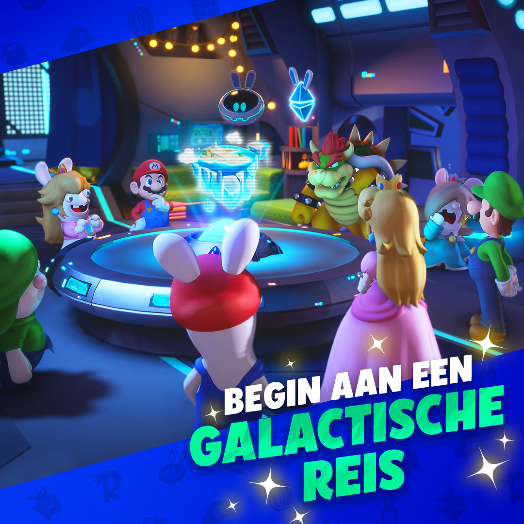 Mario- en Rabbids-personages in een futuristische kamer met een oplichtende tafel en tekst.
