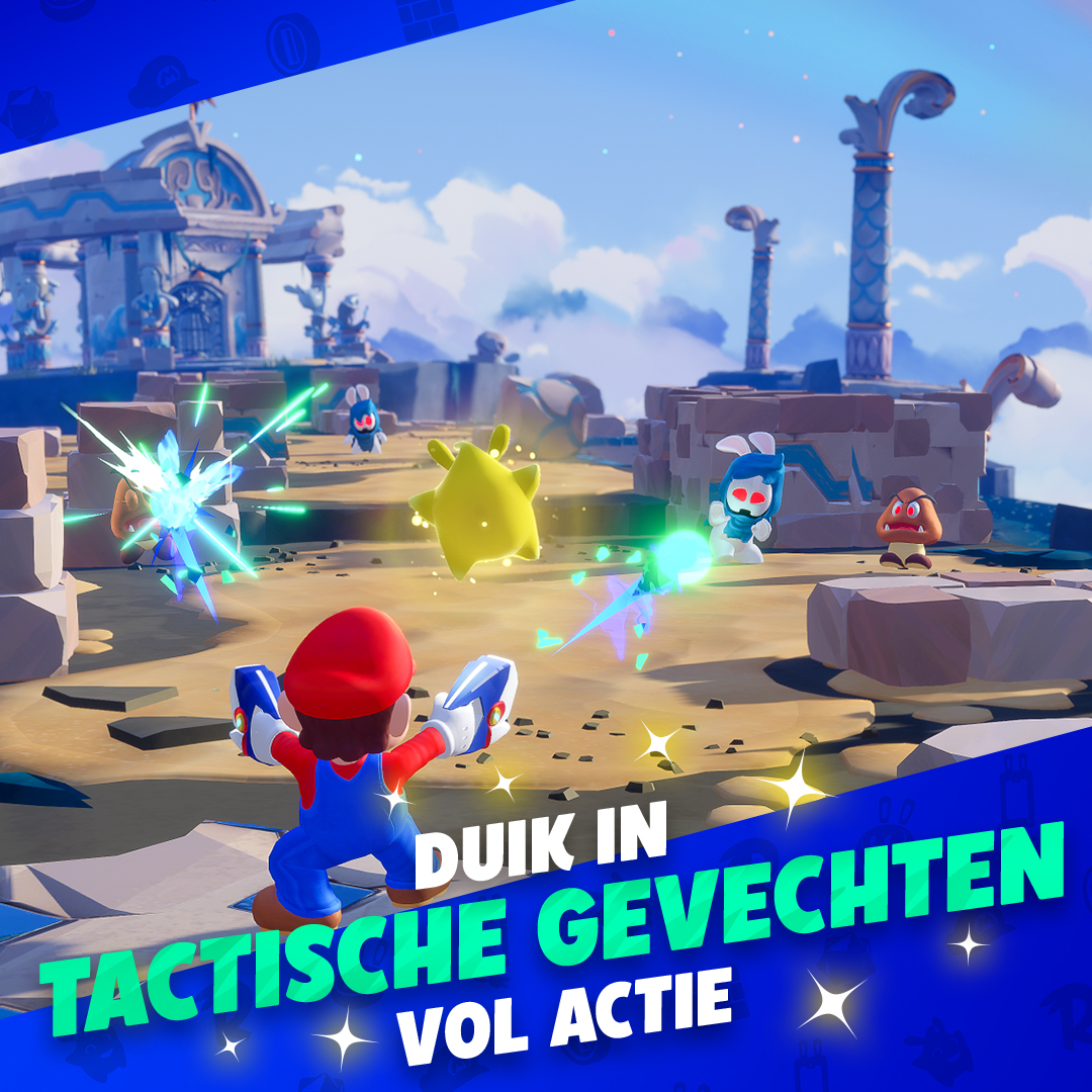 Mario in een spelscène met vijanden en tekst, in een kleurrijke omgeving.