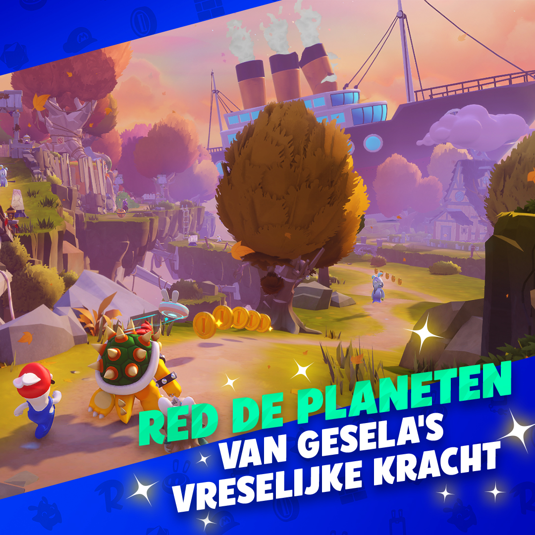 Mario-spelscène, boot, munten, personages, tekst in het Nederlands, kleurrijke fantasiewereld.