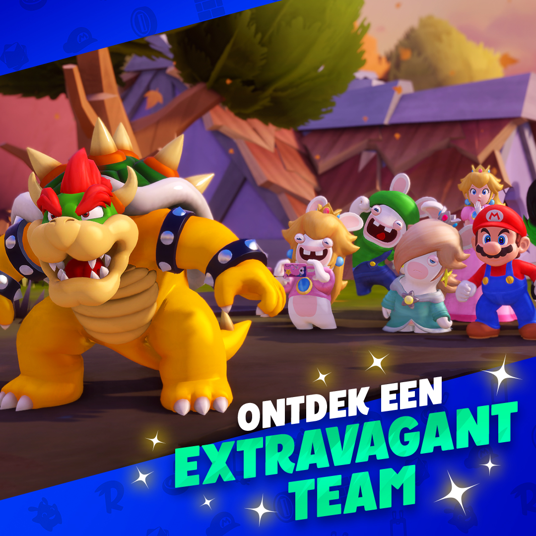 Een groep cartoonfiguren, waaronder Bowser, in een game scene. Tekst onderaan.