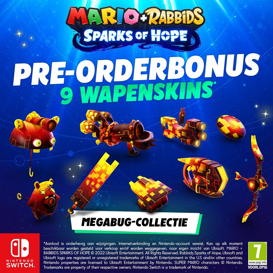 Mario + Rabbids game cover met pre-order bonus wapens, verschillende spelpersonages.