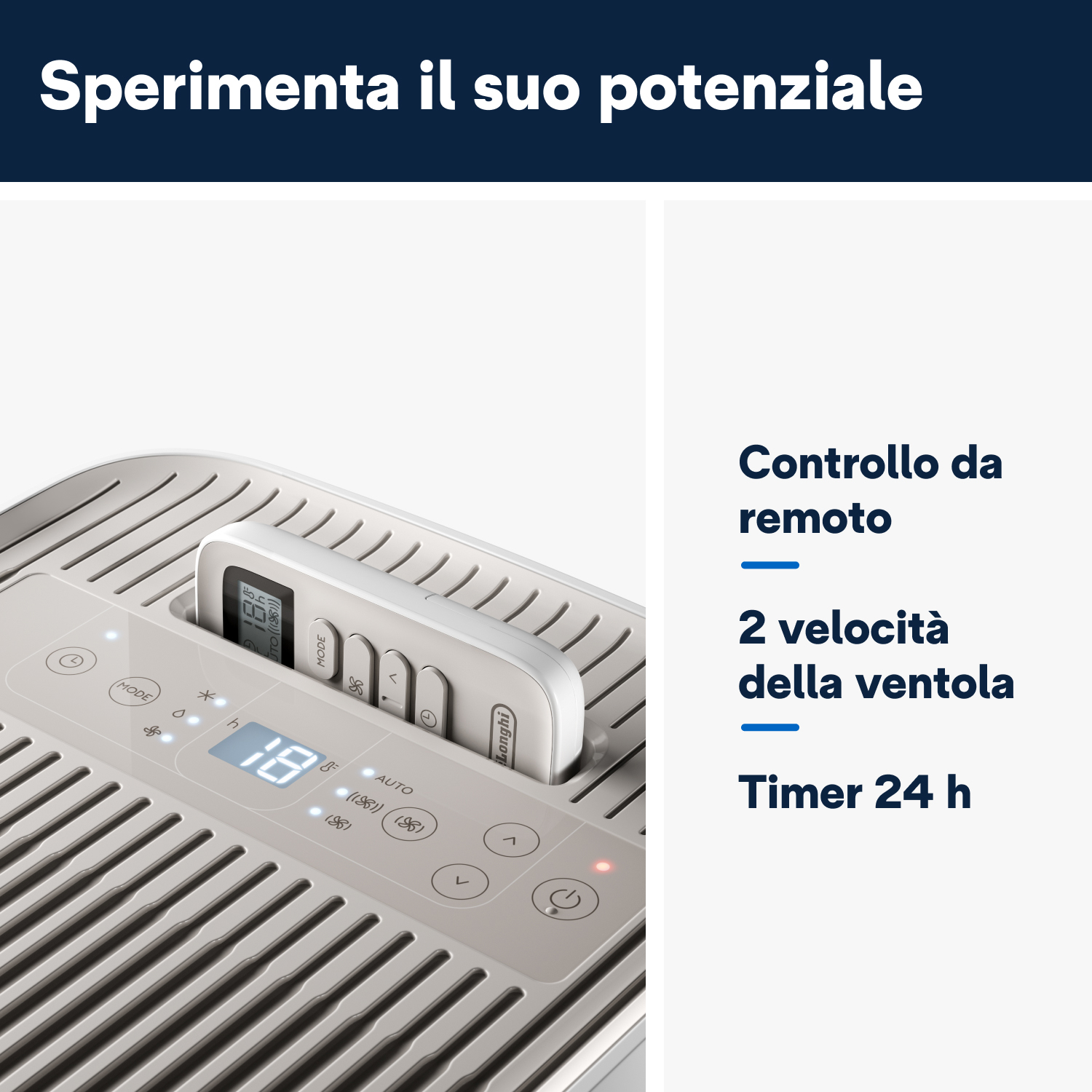 Deumidificatore con telecomando, che mostra le impostazioni e il pannello di controllo, in una stanza.